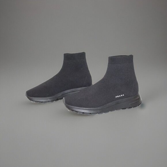 LUXURY PRADA SOCK HIGH-TOP SNEAKERS SHOE 4T3478 BLACK KNIT US 6 EU 37 RUNS SMALL - Picture 3 of 13